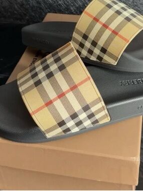Burberry Tan Plaid Slide Sandals with Black Footbed